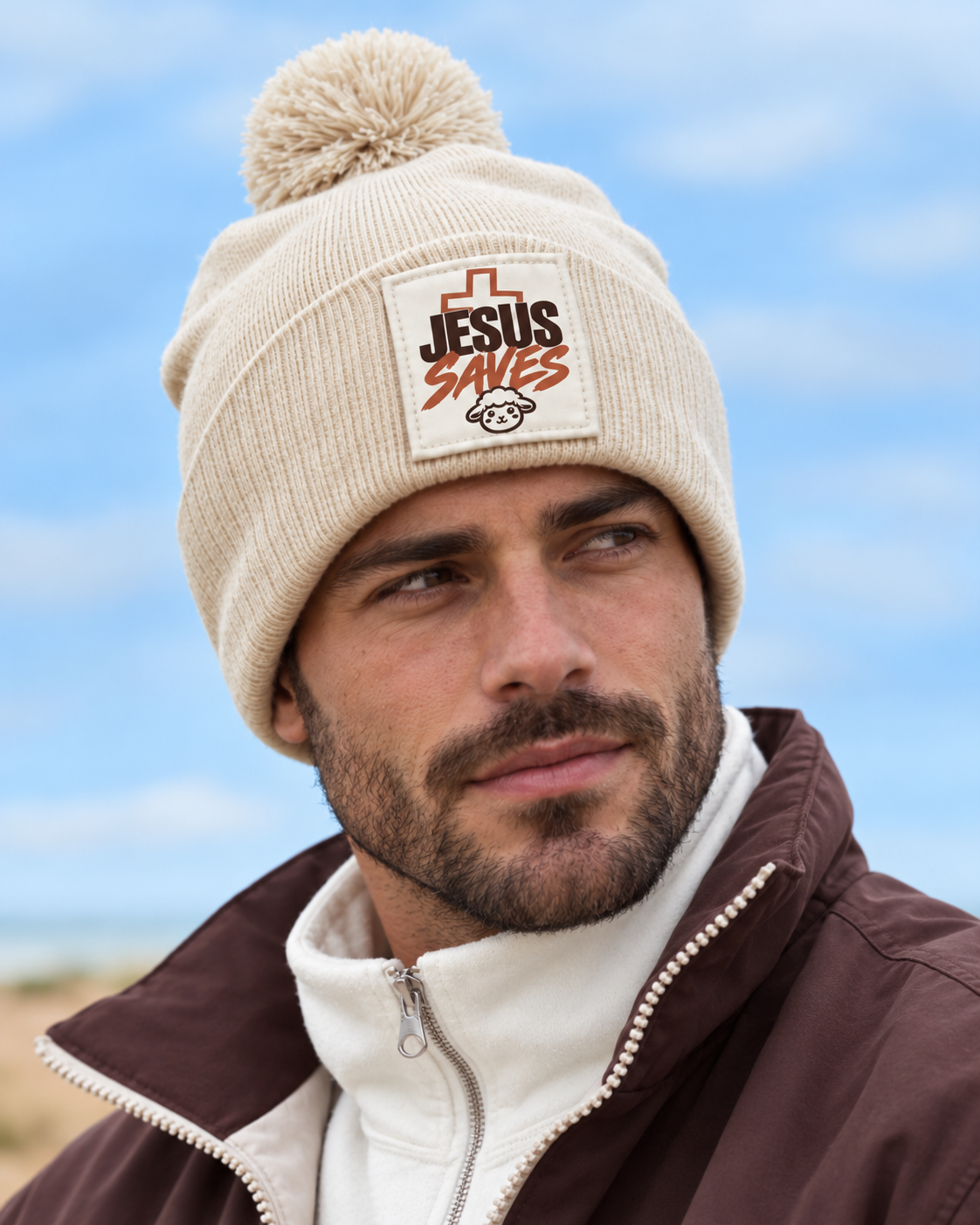 Gorro cristão bege com pompom e patch Jesus Saves com cruz da Sheepfy