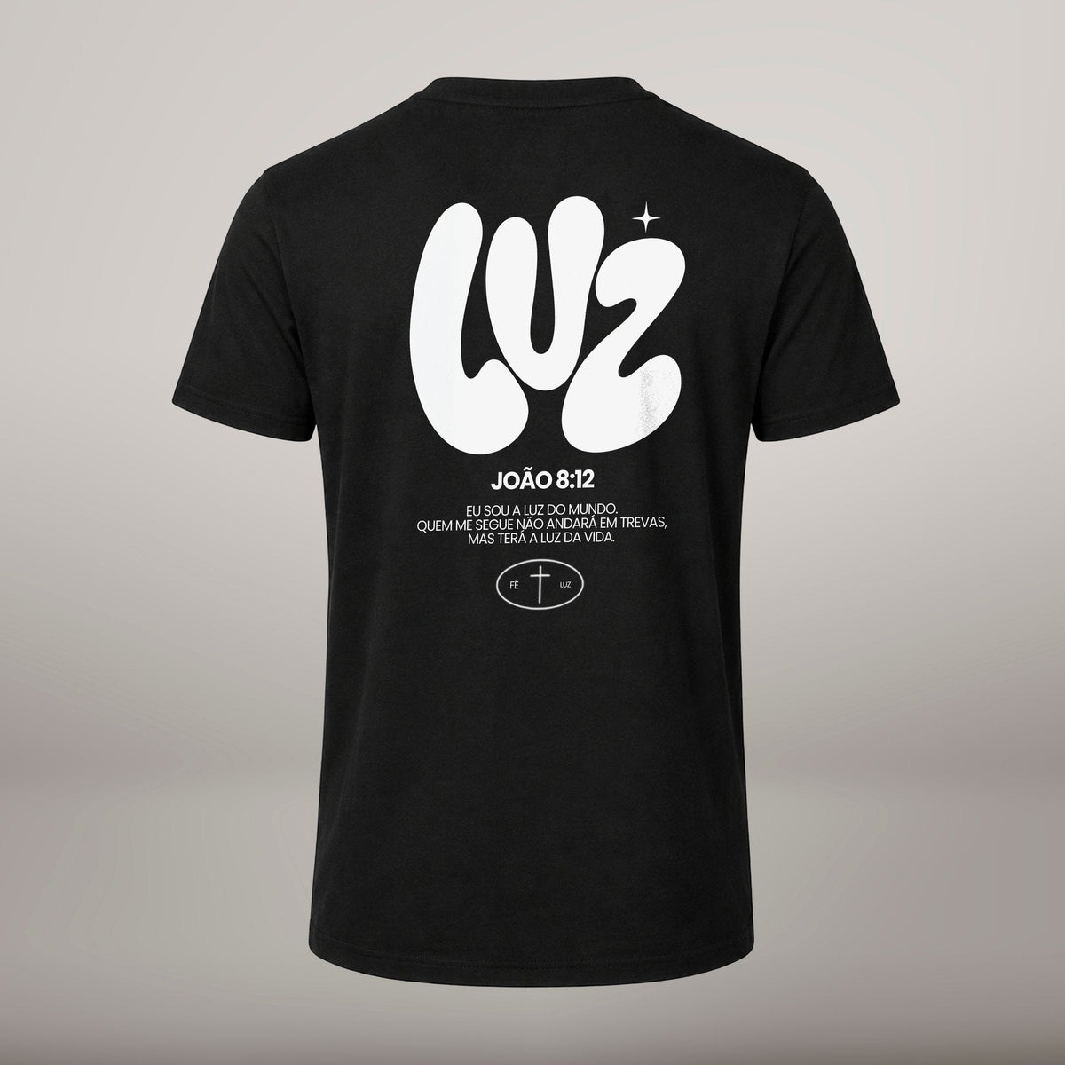 Luz – T-shirt cristã de homem, preta (costas)