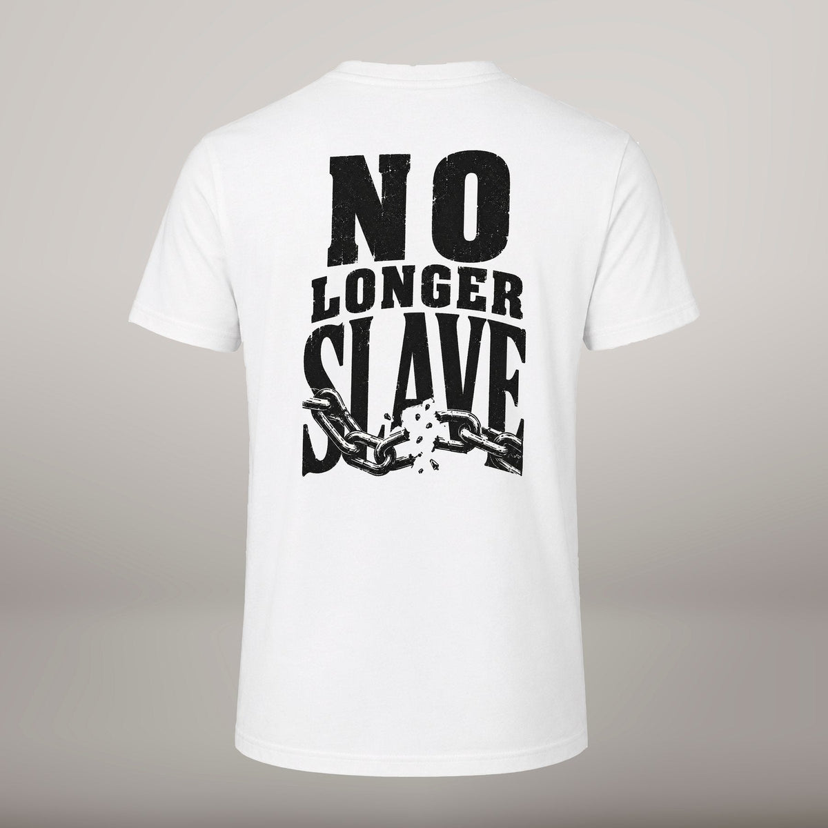 No Longer Slave – T-shirt cristã de homem, branca (costas)