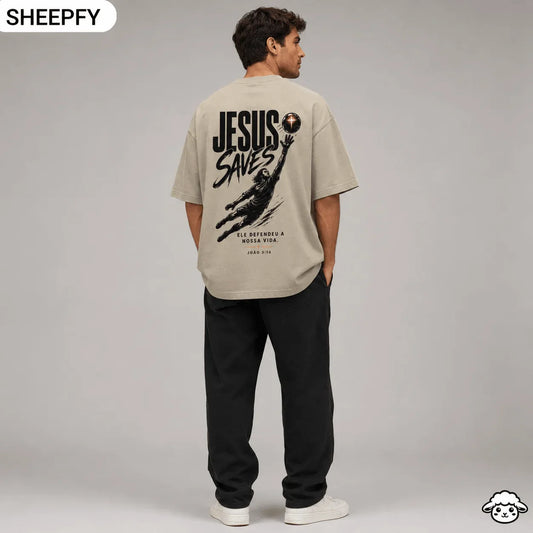 Jesus Saves – T-shirt cristã oversized de homem, branca