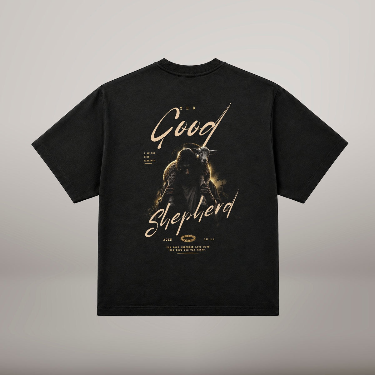 The Good Shepherd – T-shirt cristã oversized de homem, preta (costas)