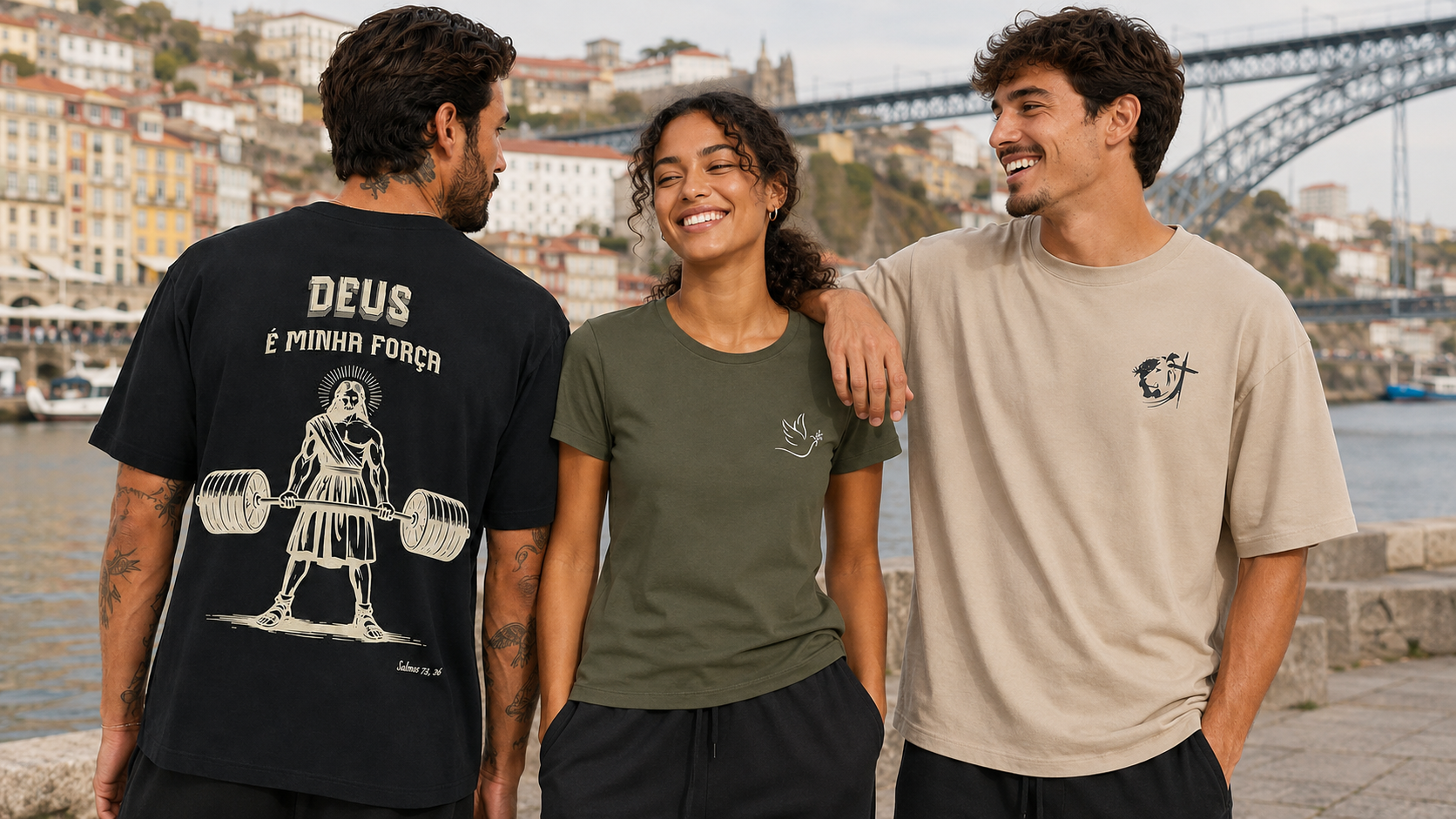 Três pessoas sorrindo vestindo camisetas casuais com frases e ilustrações religiosas, ao ar livre com cenário urbano e ponte ao fundo.