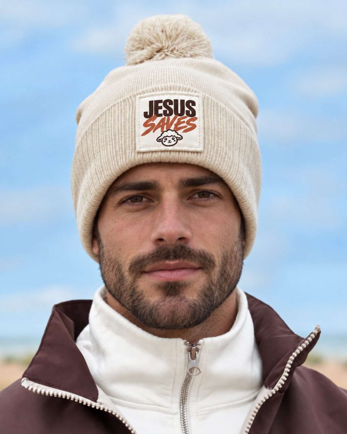 Gorro cristão bege com pompom e patch Jesus Saves da Sheepfy