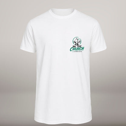 Be the Church – T-shirt cristã de homem, branca (frente)