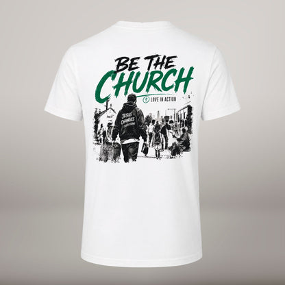 Be the Church – T-shirt cristã de homem, branca (costas)