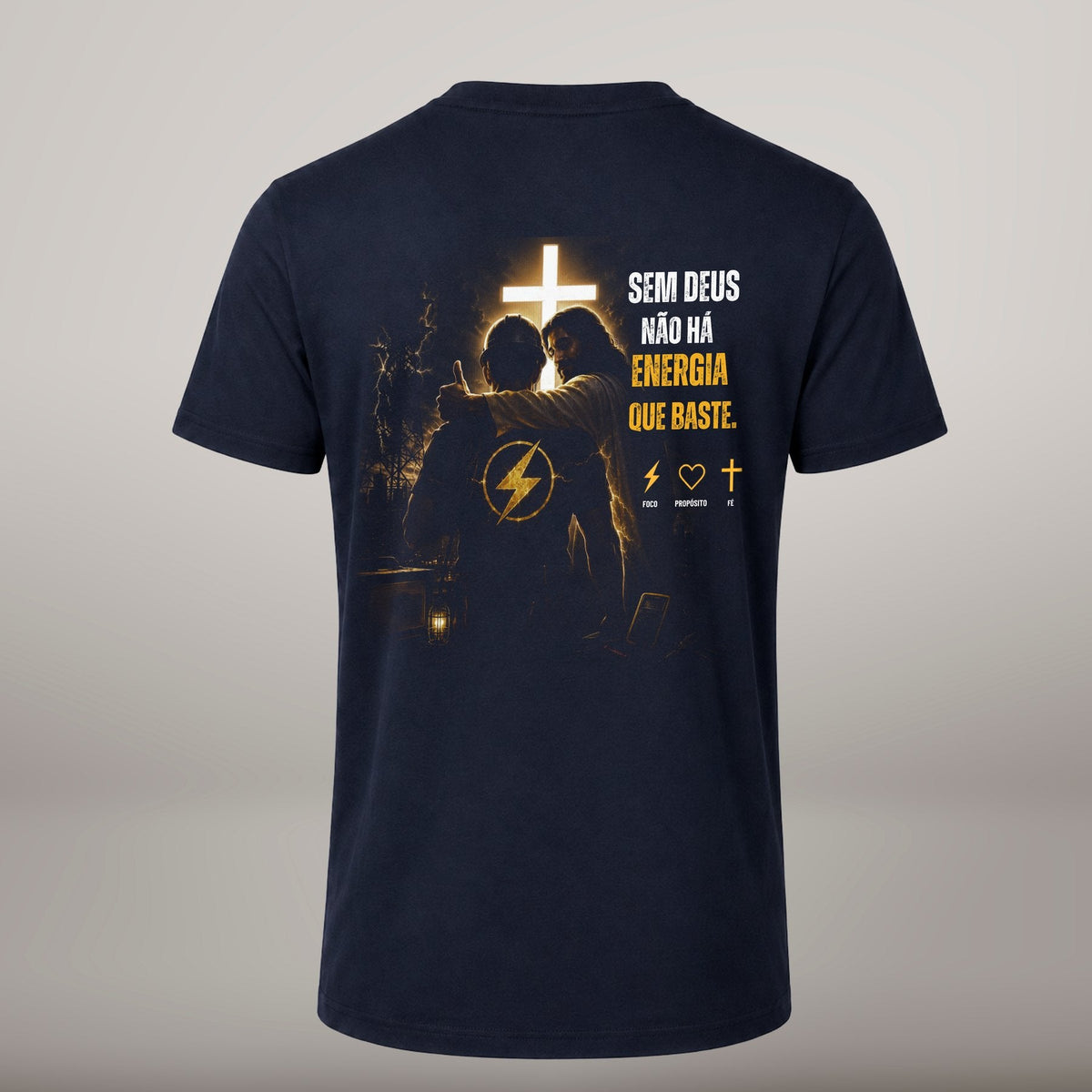 Energia Que Baste – T-shirt cristã de homem, azul-marinho (costas)