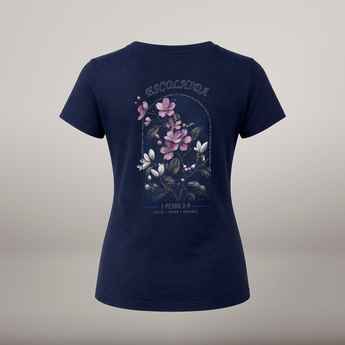 Escolhida – T-shirt cristã de mulher, azul-marinho (costas)