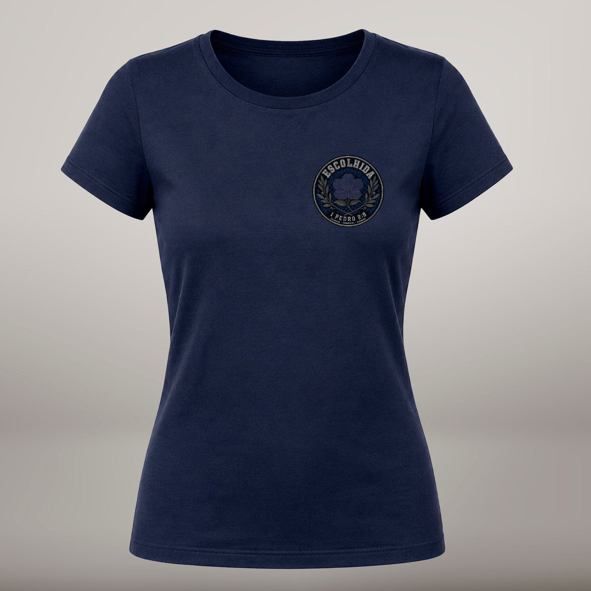 Escolhida – T-shirt cristã de mulher, azul-marinho (frente)