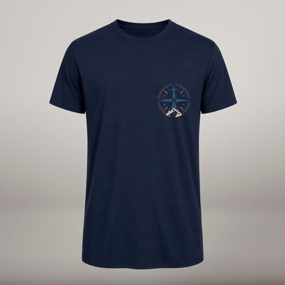 Faith Trail – T-shirt cristã de homem, azul-marinho (frente)