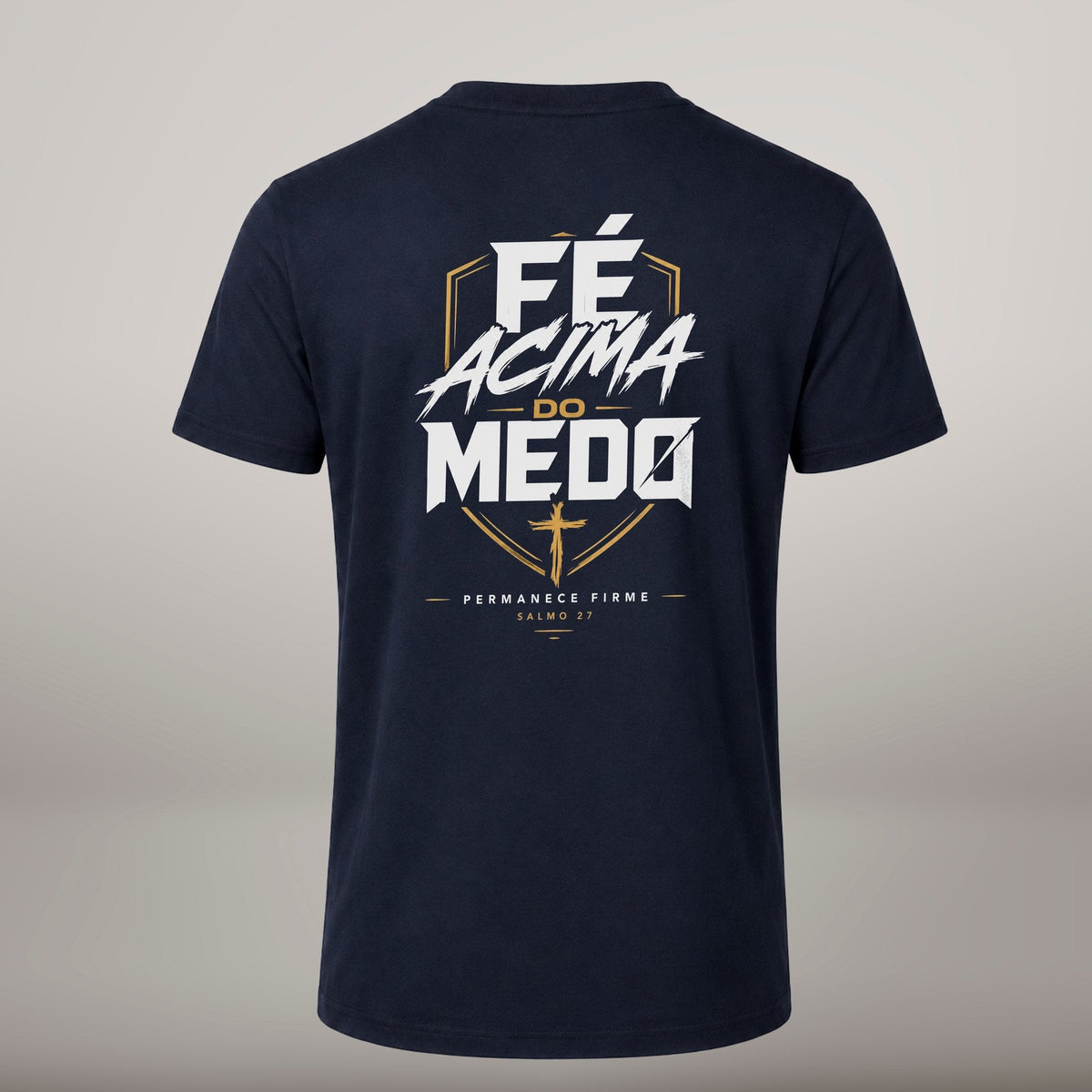Fé Acima do Medo – T-shirt cristã de homem, azul-marinho (costas)