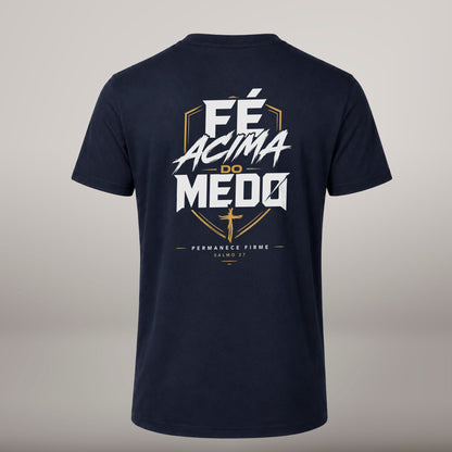 Fé Acima do Medo – T-shirt cristã de homem, azul-marinho (costas)