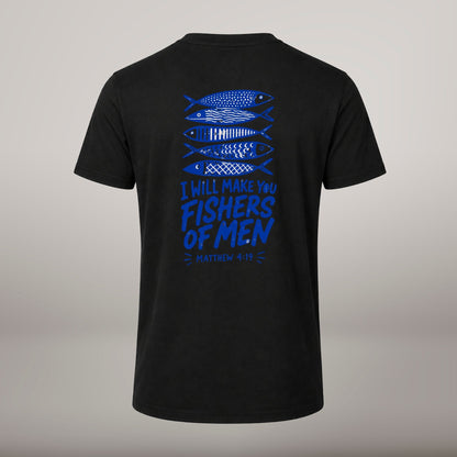 Fishers of Men – T-shirt cristã de homem, preta (costas)