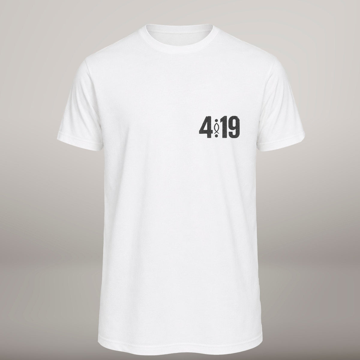 Follow Me – T-shirt cristã de homem, branca (frente)