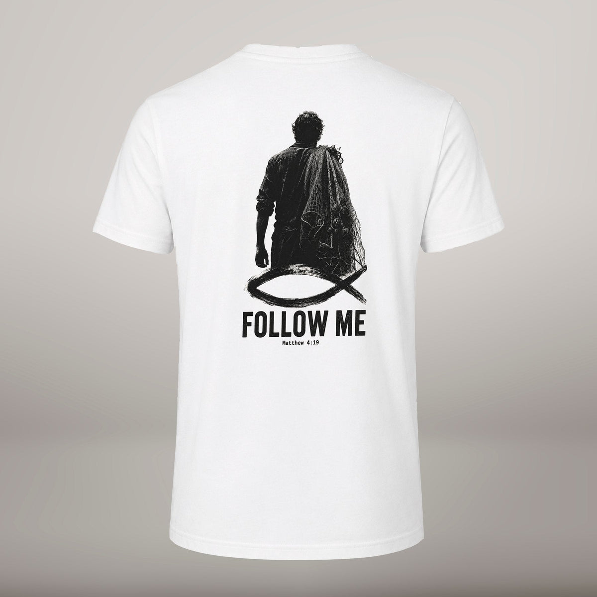 Follow Me – T-shirt cristã de homem, branca (costas)