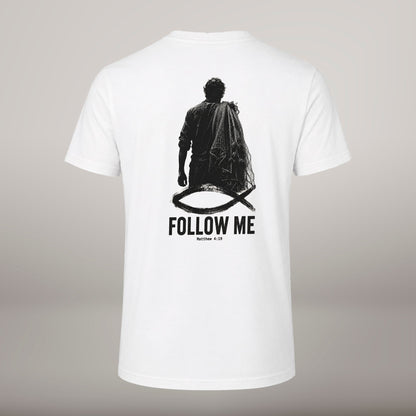 Follow Me – T-shirt cristã de homem, branca (costas)