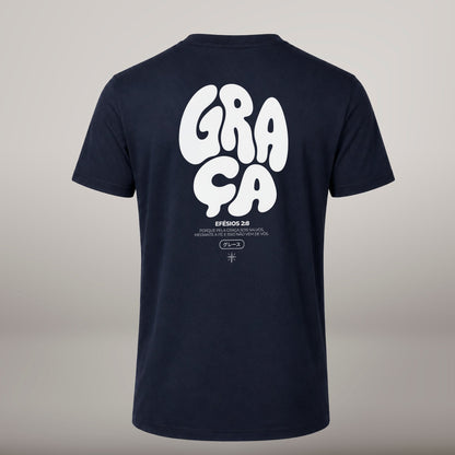 Graça – T-shirt cristã de homem, azul-marinho (costas)