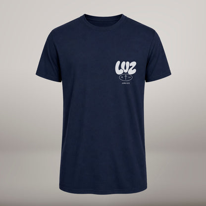 Luz – T-shirt cristã de homem, azul-marinho (frente)