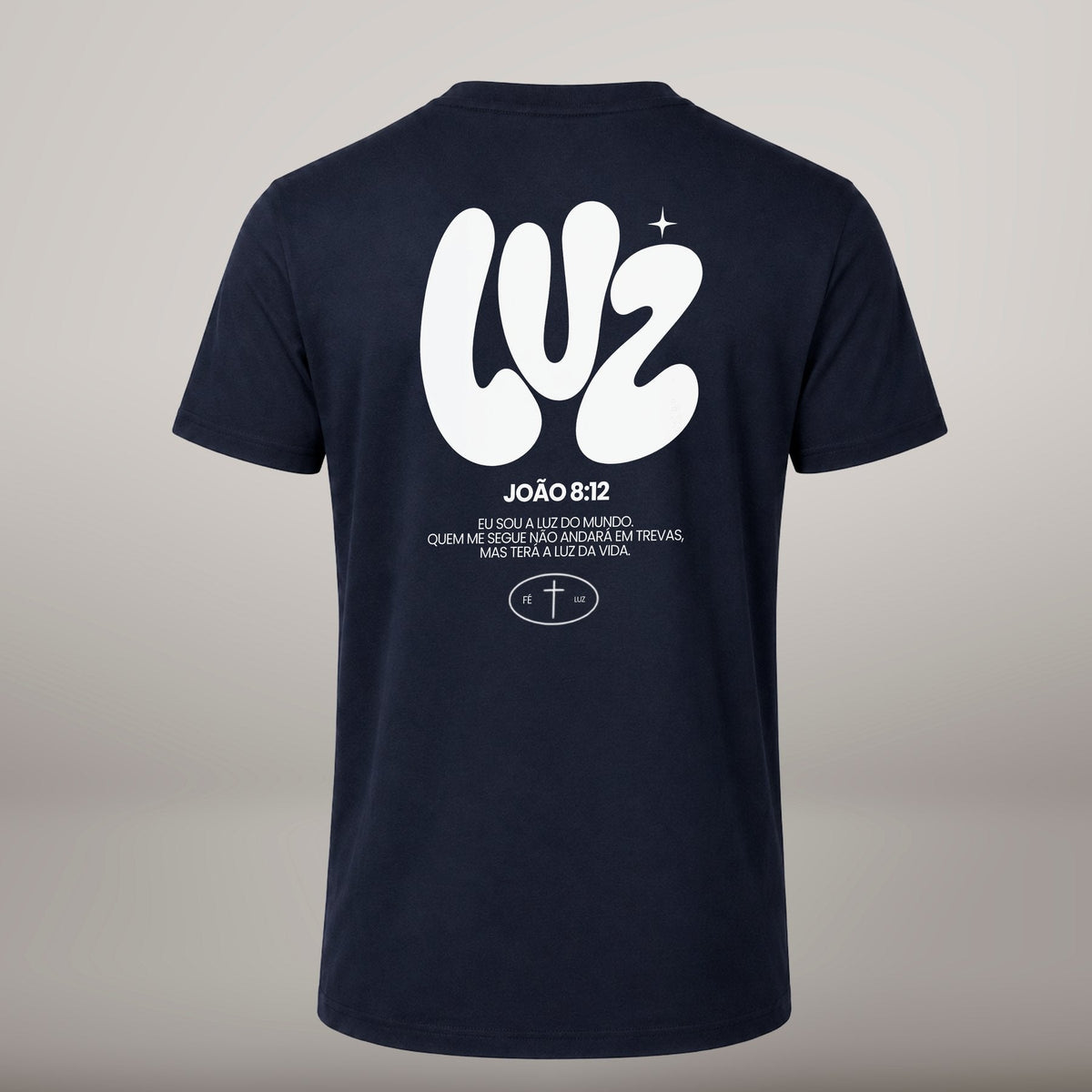 Luz – T-shirt cristã de homem, azul-marinho (costas)