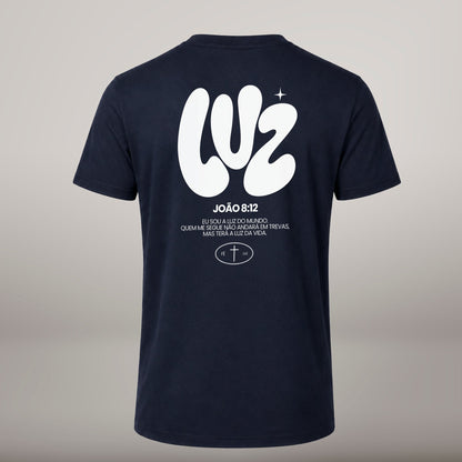 Luz – T-shirt cristã de homem, azul-marinho (costas)