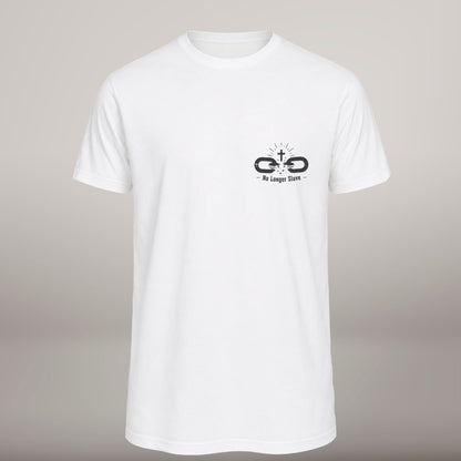 No Longer Slave – T-shirt cristã de homem, branca (frente)