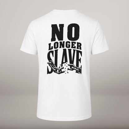 No Longer Slave – T-shirt cristã de homem, branca (costas)