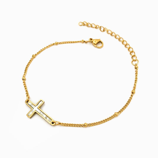 Pulseira Cruz em Aço Inoxidável e Madrepérola - Sheepfy