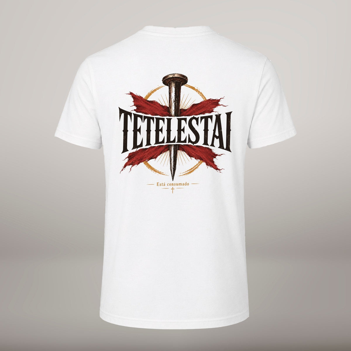 TETELESTAI – T-shirt cristã de homem, branca (costas)