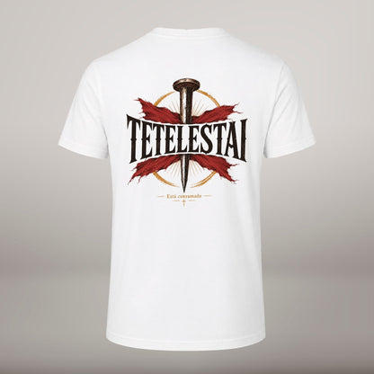 TETELESTAI – T-shirt cristã de homem, branca (costas)