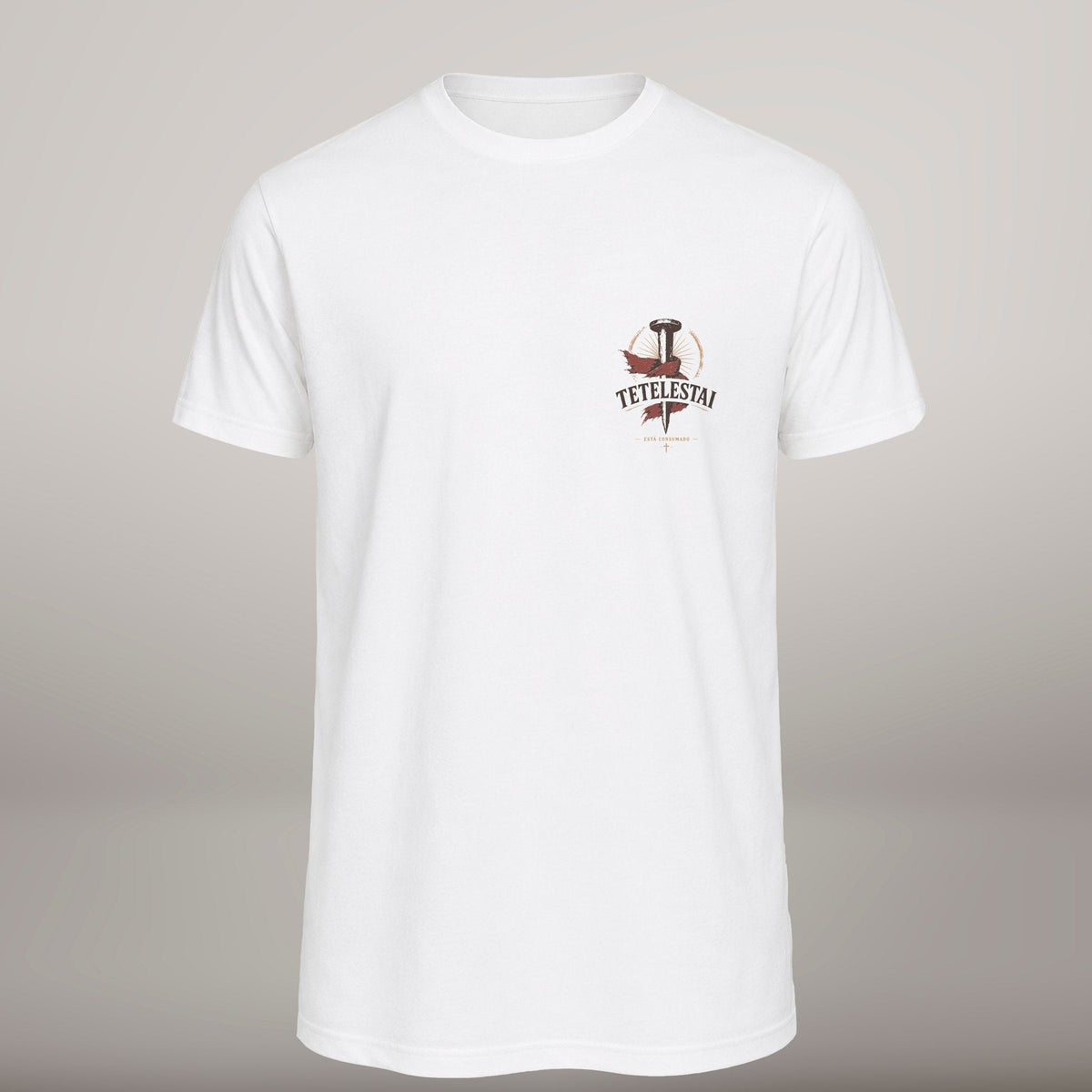 TETELESTAI – T-shirt cristã de homem, branca (frente)