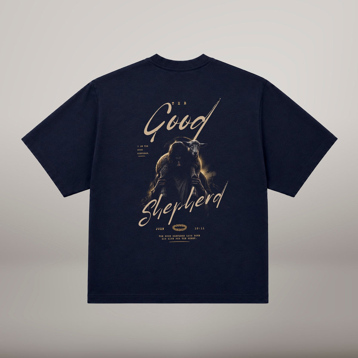 The Good Shepherd – T-shirt cristã oversized de homem, azul-marinho (costas)
