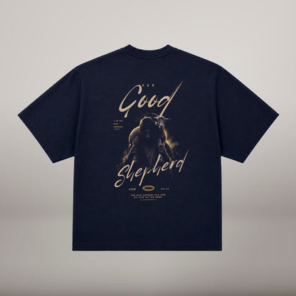 The Good Shepherd – T-shirt cristã oversized de homem, azul-marinho (costas)