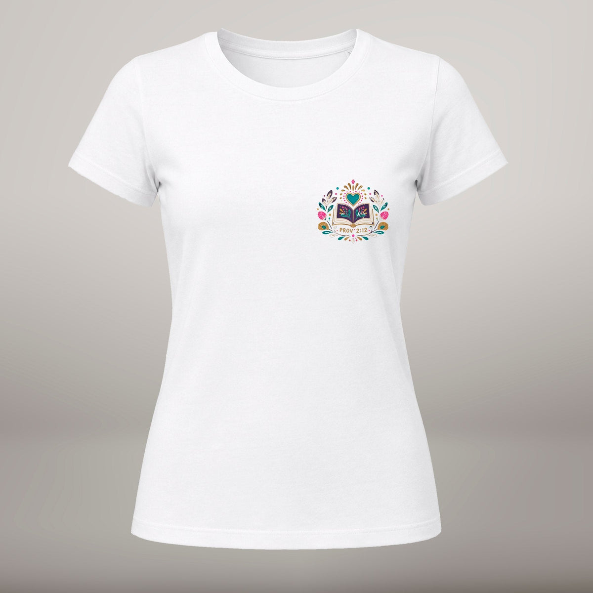 Wisdom Will Save You – T-shirt cristã de mulher, branca (frente)