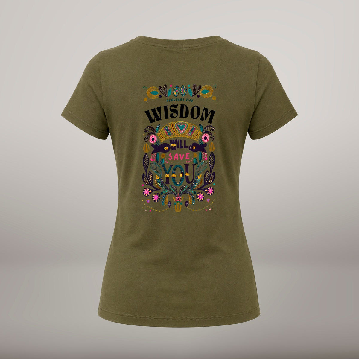 Wisdom Will Save You – T-shirt cristã de mulher, khaki (costas)