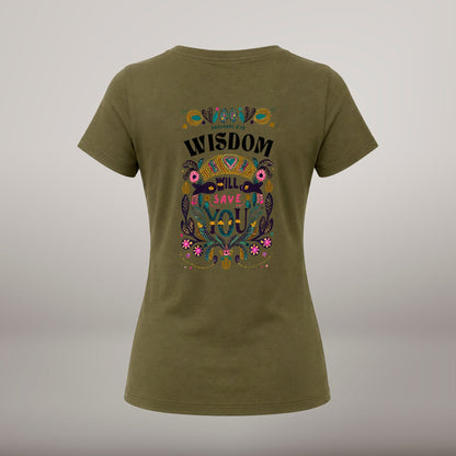 Wisdom Will Save You – T-shirt cristã de mulher, khaki (costas)