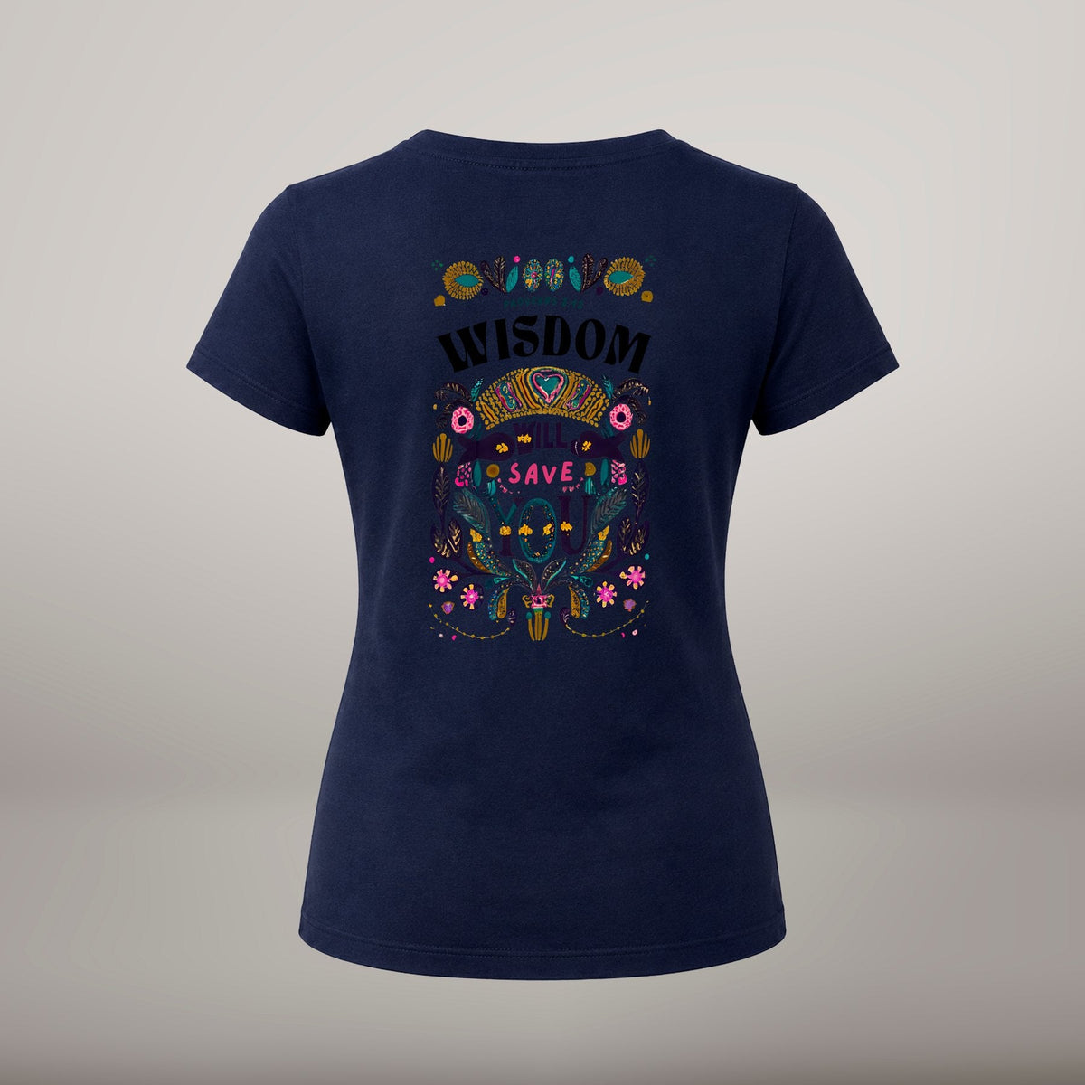 Wisdom Will Save You – T-shirt cristã de mulher, azul-marinho (costas)